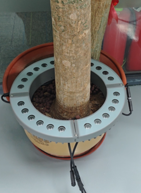 Close-up of an LED circular tree light ring showing LEDs, diffuser and die-cast aluminum housing