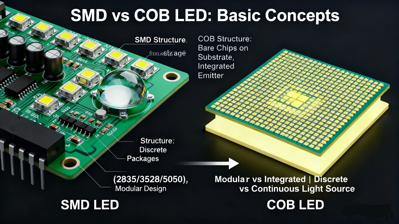 SMD vs COB LED structure comparison showing modular SMD chips and integrated COB light source on circuit board