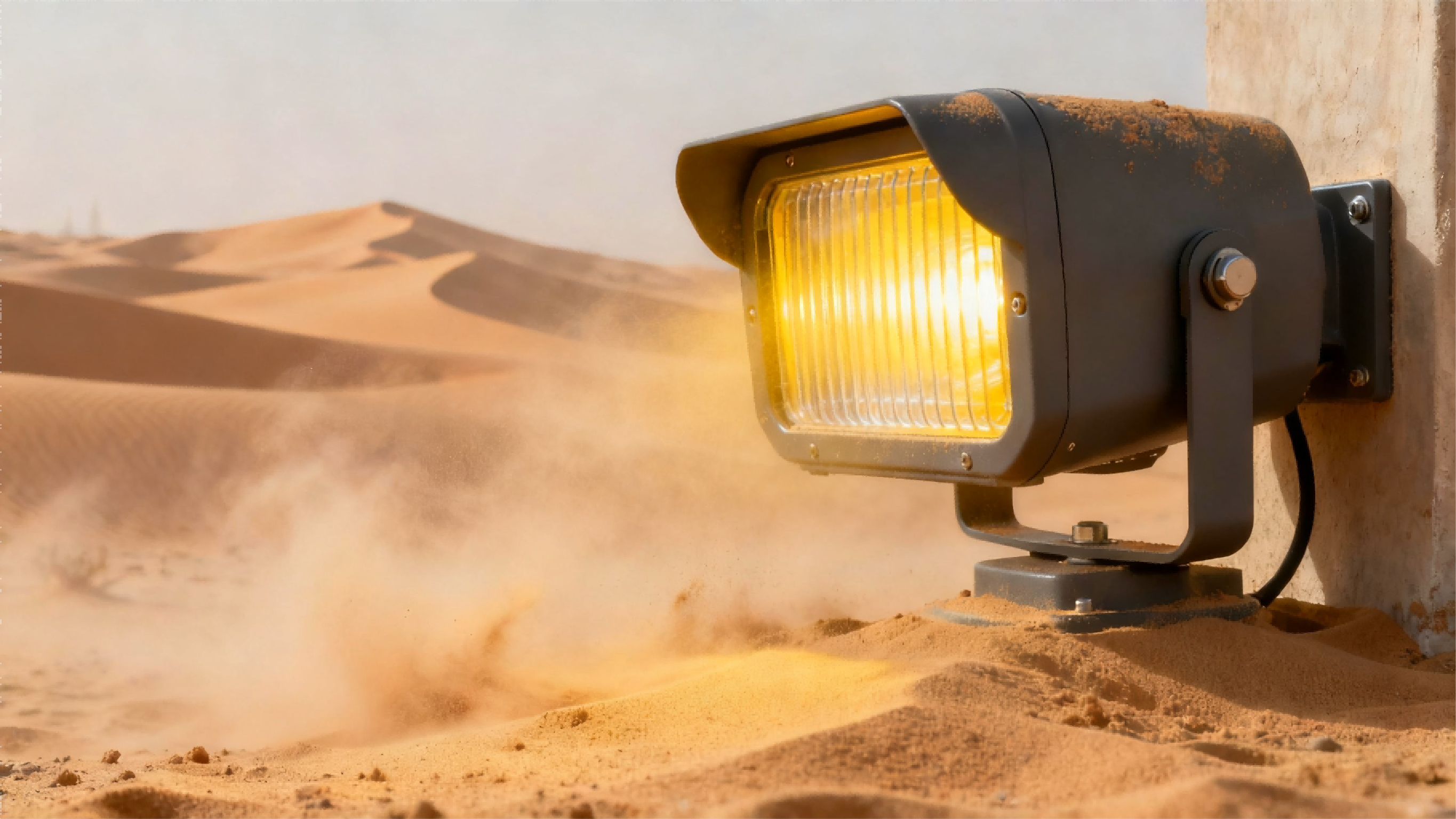 Outdoor floodlight operating in a desert environment with sand-resistant housing and heat-dissipating aluminum body, showing high durability in extreme weather conditions