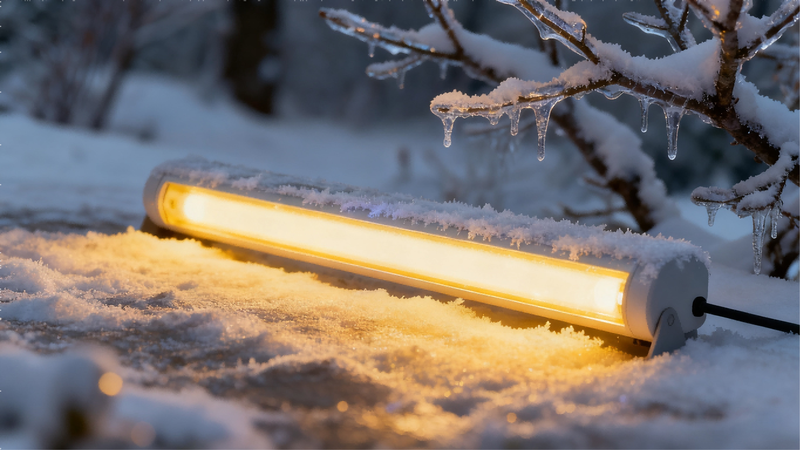 Cold-resistant outdoor LED linear light operating in a snowy environment, showing waterproof housing and stable performance under freezing temperatures