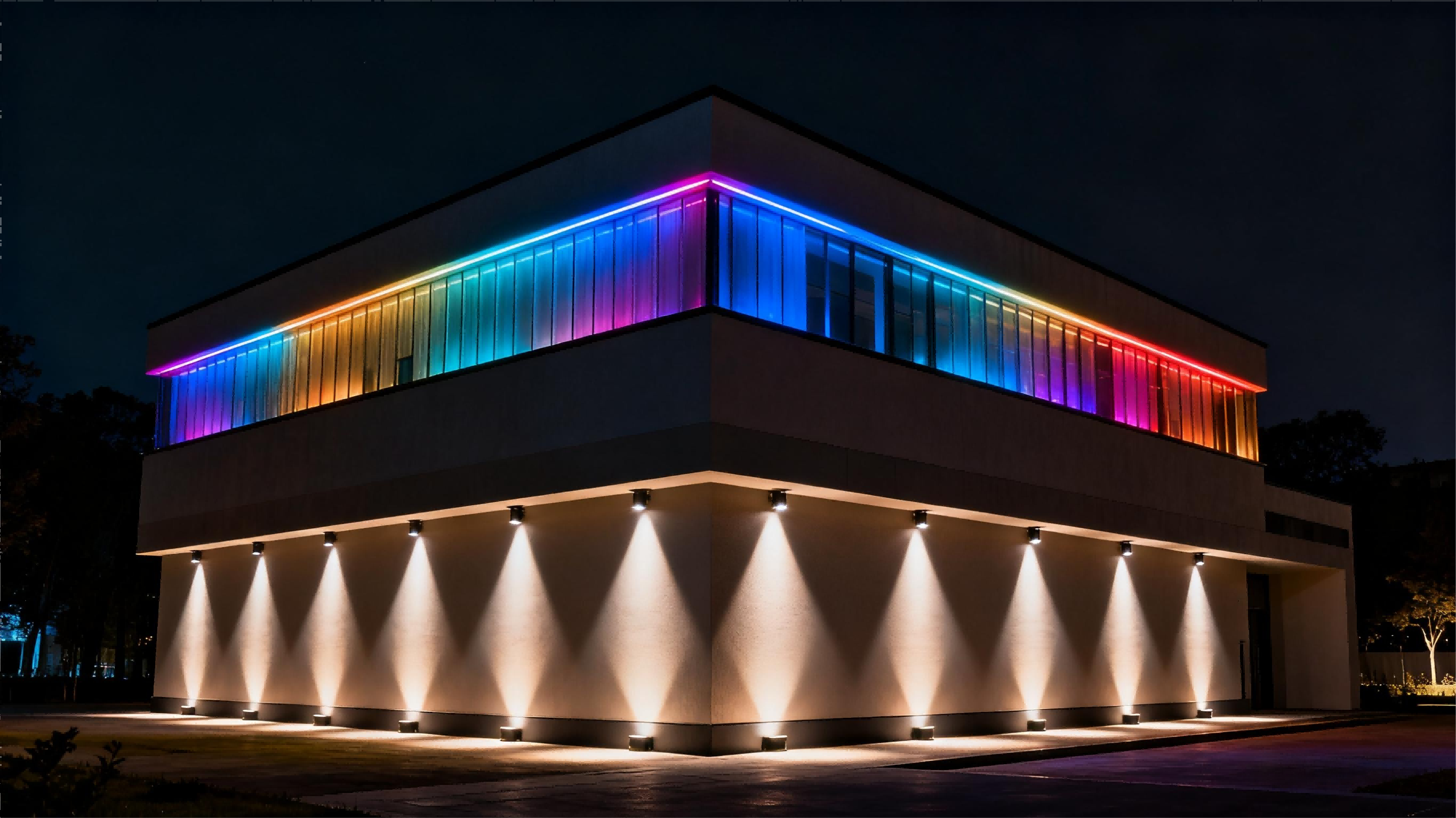 Modern RGB LED Facade Lighting Design for Buildings Modern building facade illuminated with RGB LED linear lights creating a colorful architectural lighting effect at night
