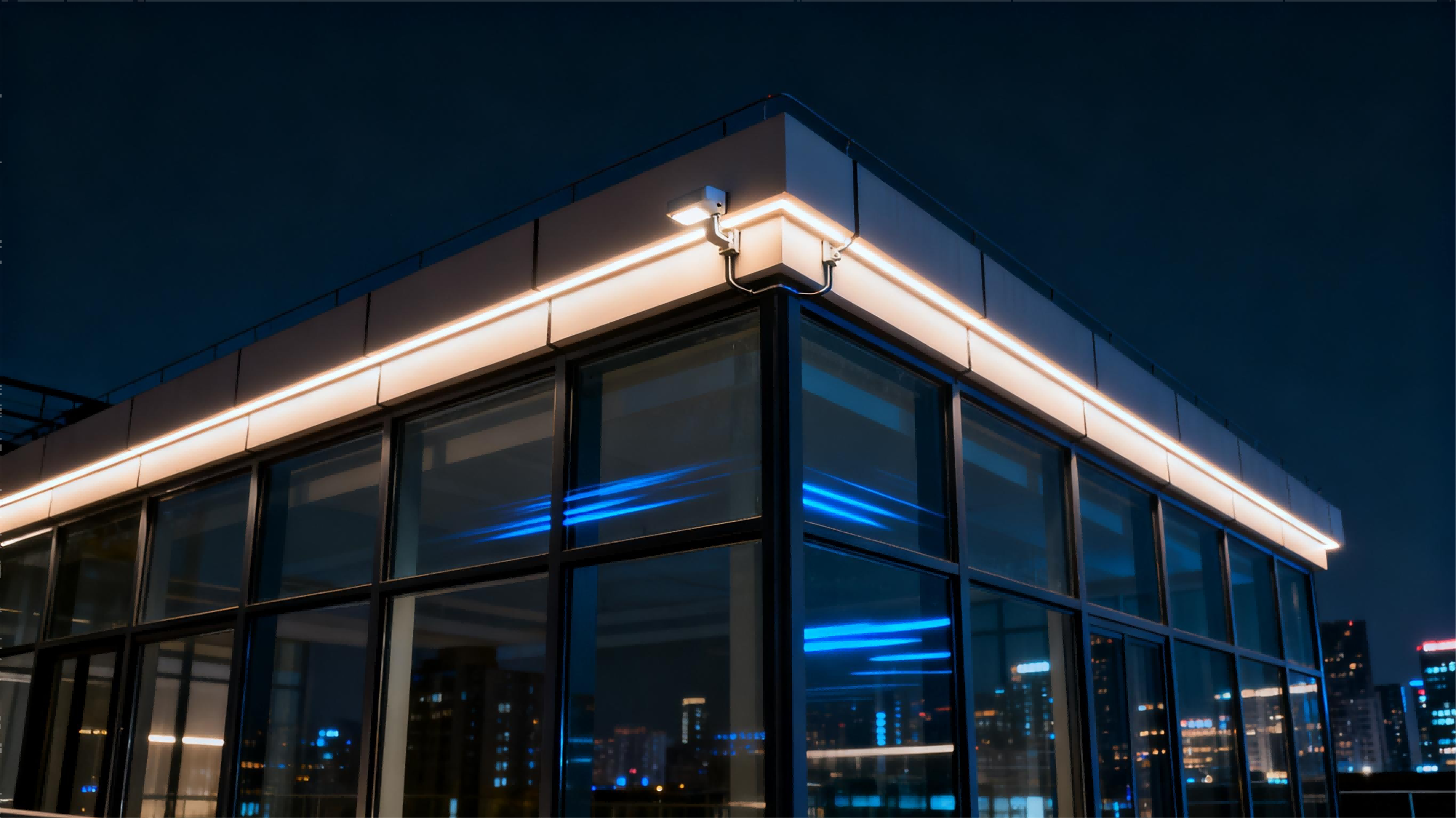 Linear facade lighting design for modern architecture Modern building facade illuminated with linear LED lights for architectural outdoor lighting design