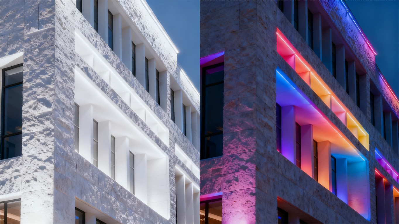 Facade Lighting RGB vs White - Architectural Illumination Design Comparison of RGB color-changing and white LED facade lighting on modern building exterior, showcasing dynamic architectural illumination design