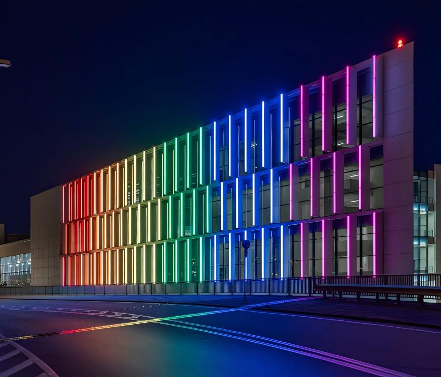Municipal building entrance illuminated by multicolor column uplights during nighttime