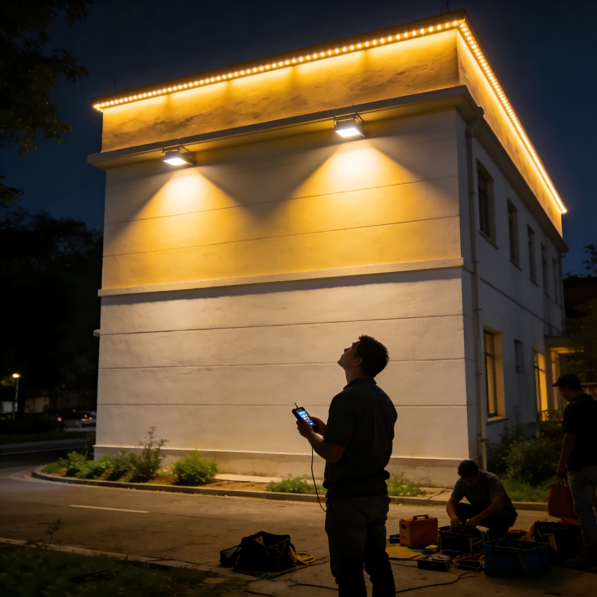 Facade lighting installation during nighttime commissioning with on-site control and aiming adjustment