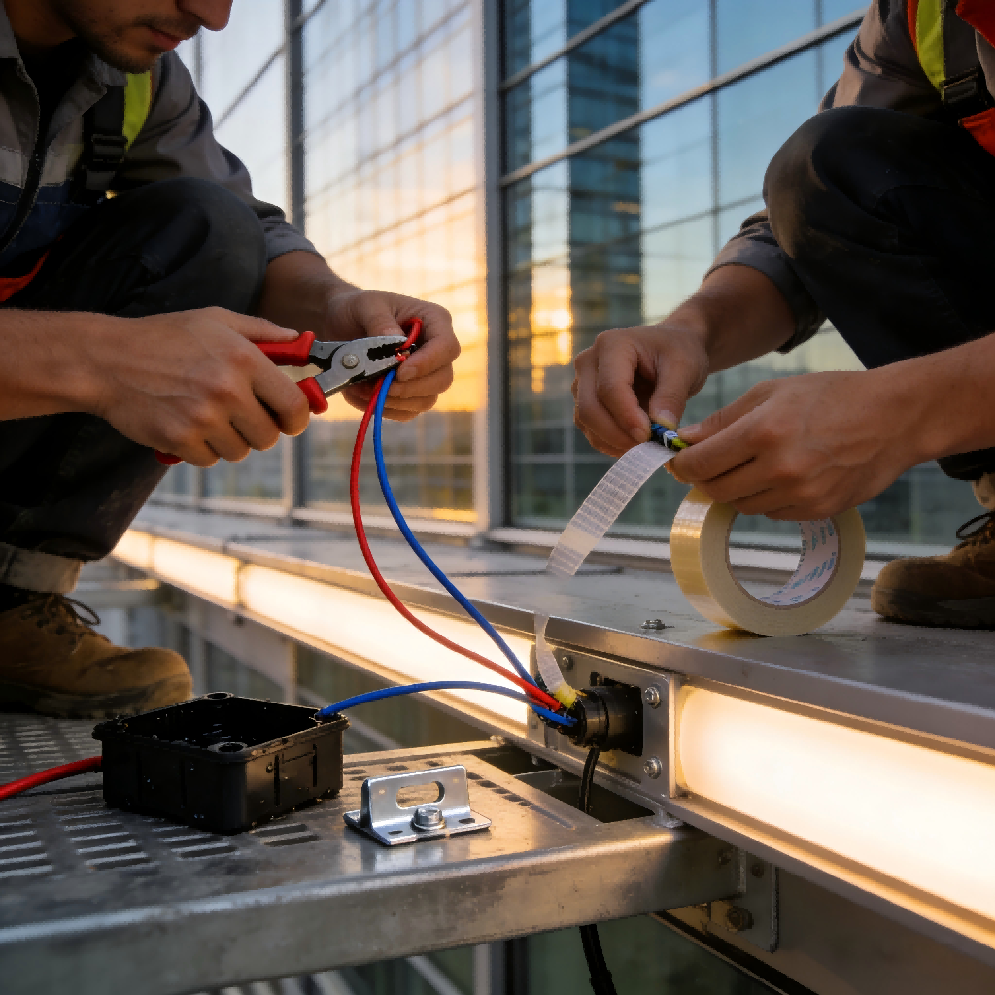 Facade lighting installation showing waterproof wiring connections and LED linear light mounting on building exterior