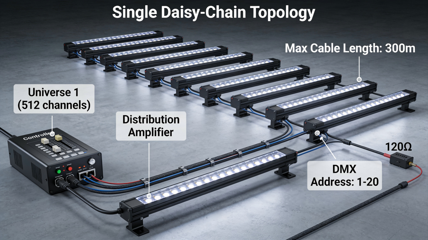 Correct DMX daisy-chain data cabling versus incorrect star topology in RGBW facade lighting systems