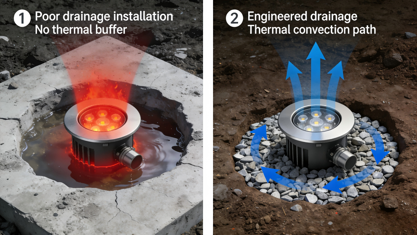 Recessed facade lighting installation showing proper drainage and thermal management to prevent heat buildup