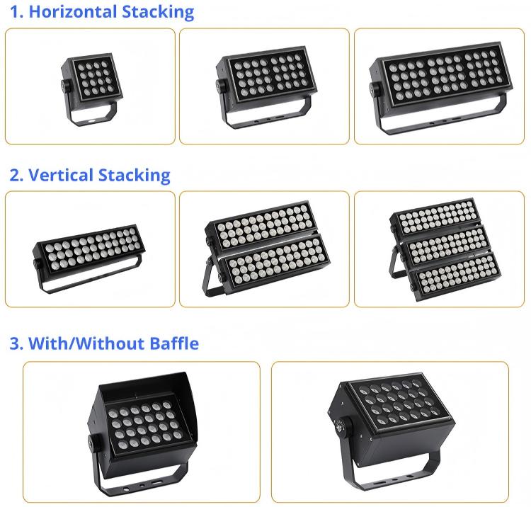Modular LED flood light with horizontal and vertical stacking configurations and optional baffle design