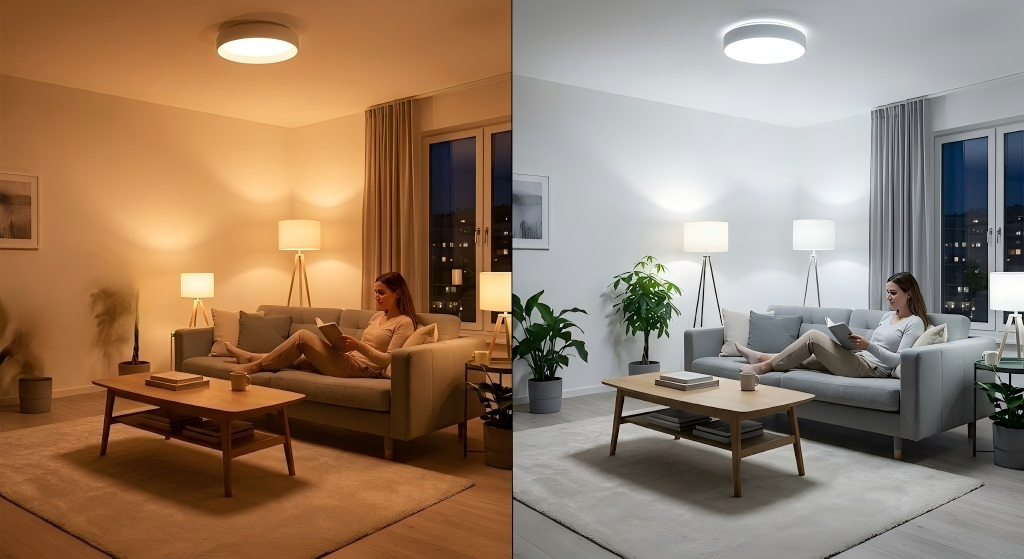 Visual comparison of the same modern living room under different color temperatures: the left side looks cozy and soft with 2700K warm yellow light, while the right side appears brighter and crisper with 5000K cool white light.