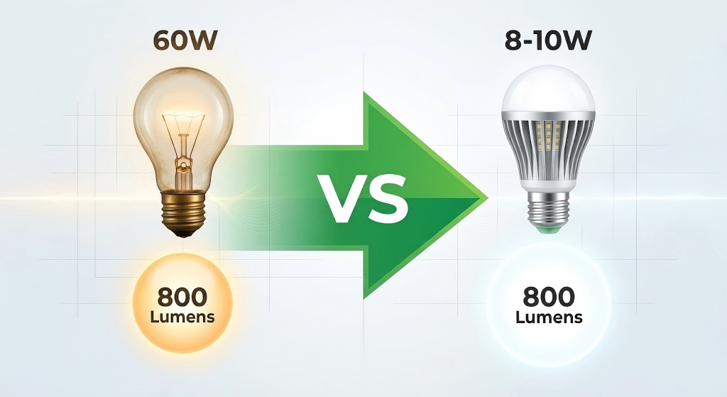 An infographic comparing lumens and watts, showing a 60W traditional incandescent bulb on the left and an 8-10W energy-efficient LED bulb on the right, both producing 800 lumens, with a green 