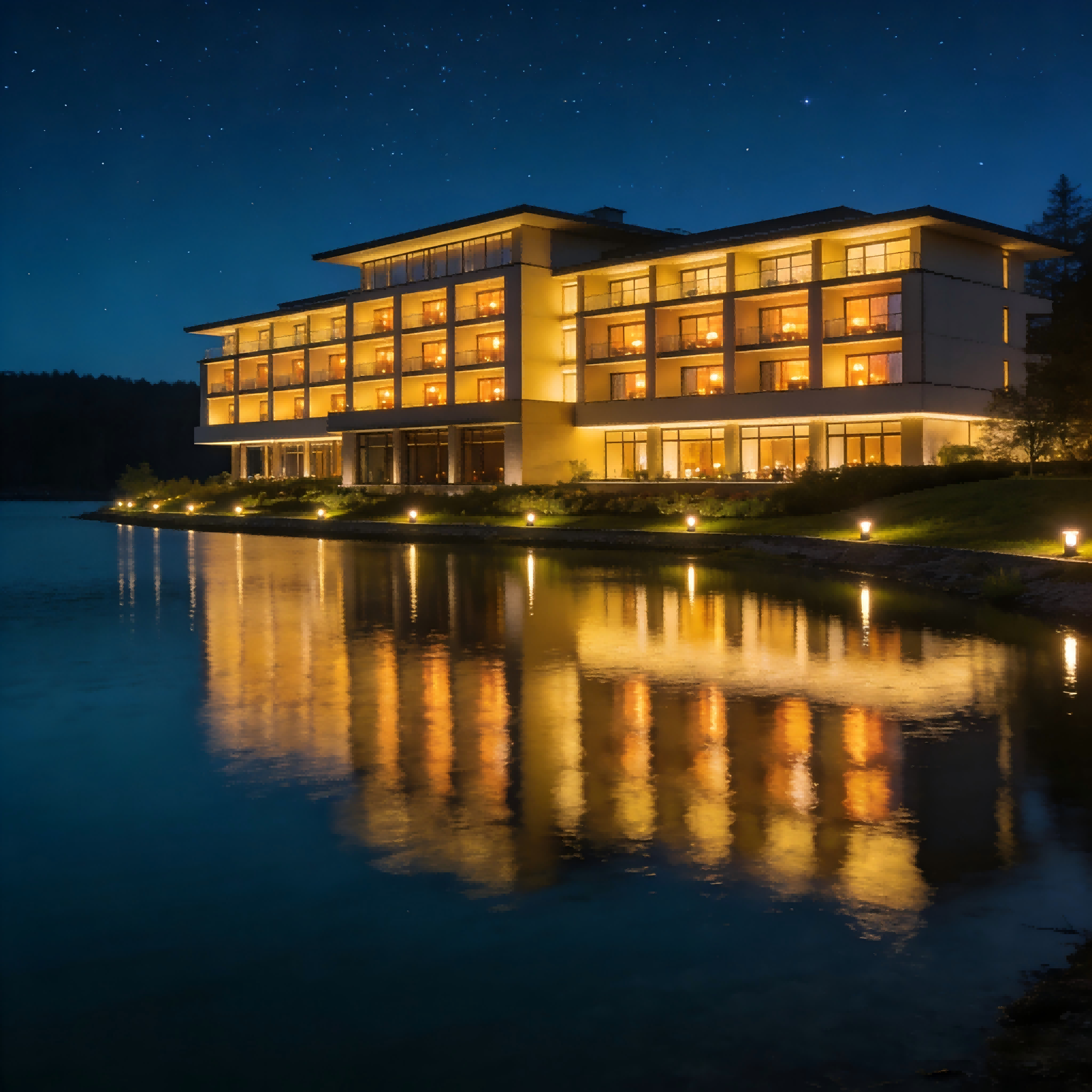 Lakeside hotel glowing like a lantern with warm façade lighting reflected on the water