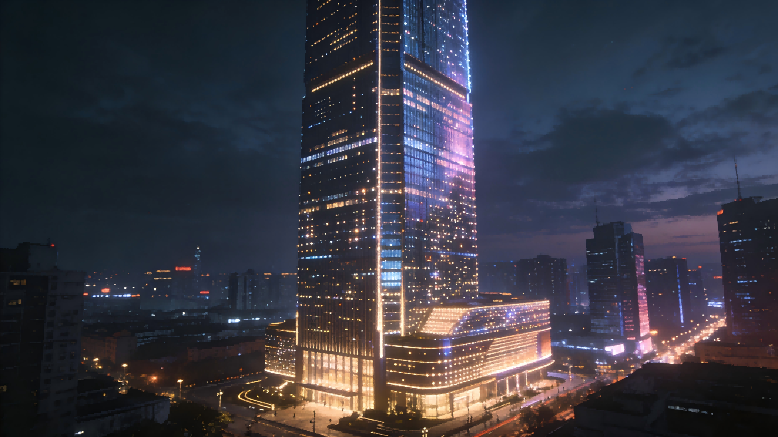 Diamond-cut glass International Finance Centre with pixel media façade and linear edge lighting at dusk