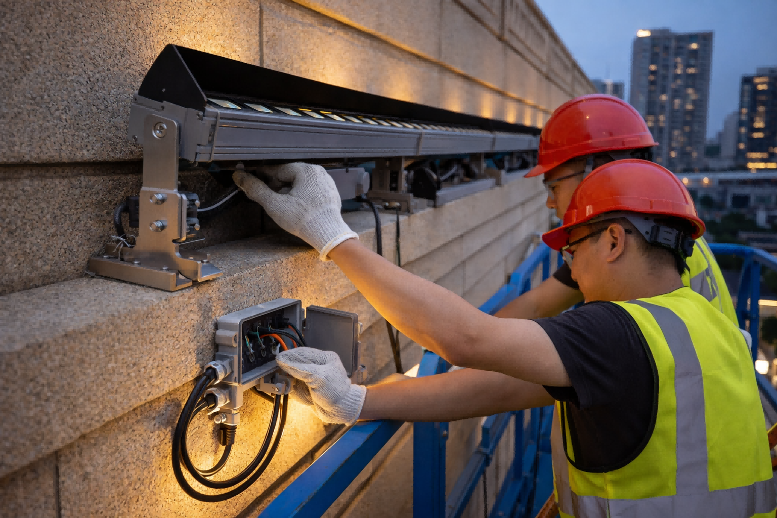 on-site installation of LED wall washer showing mounting brackets and cable routing