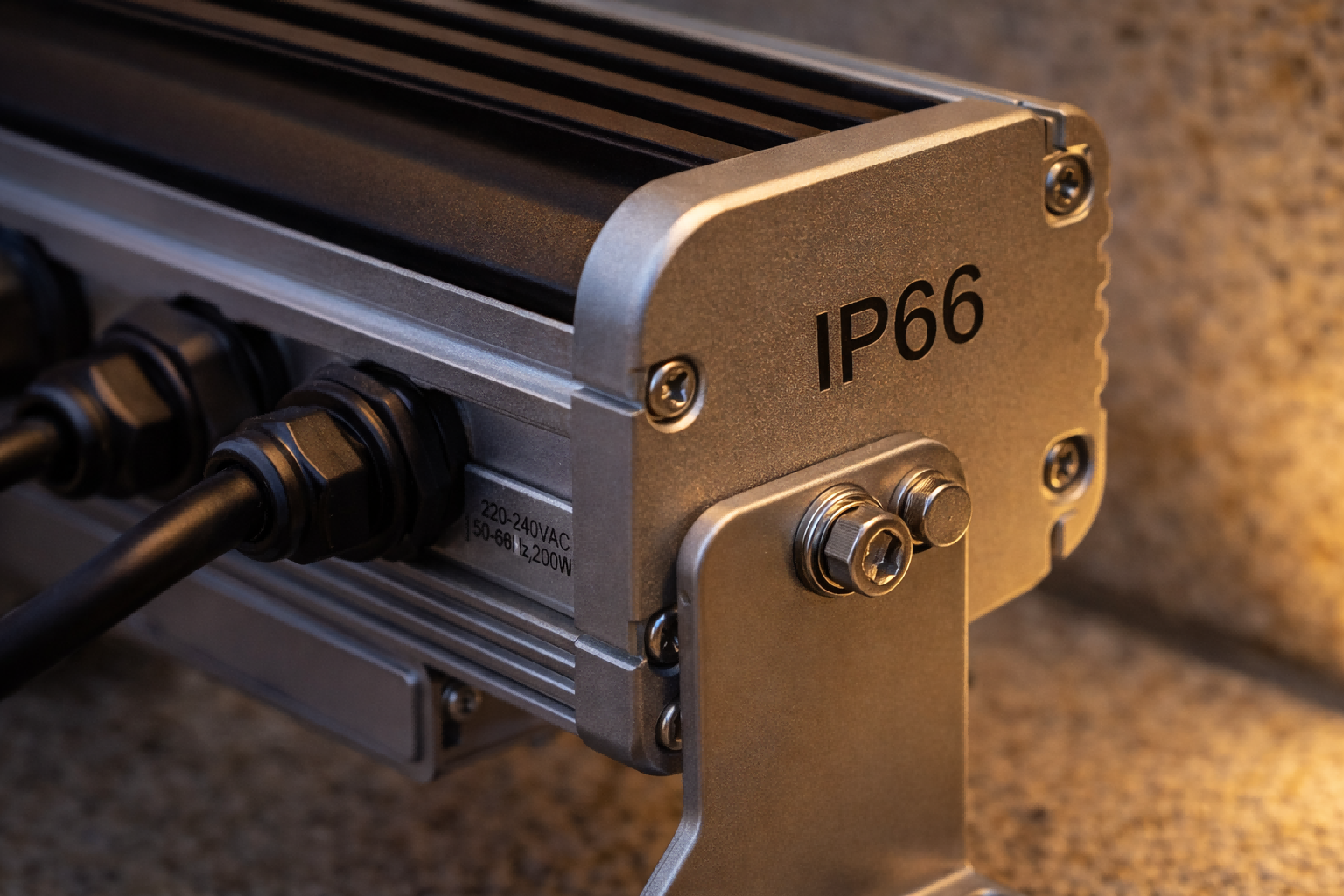 LED wall washer aluminum housing detail with IP66 marking and heat sink