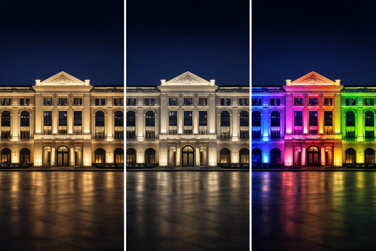 Facade lighting comparison showing warm white, neutral white, and RGB color effects on an architectural building facade