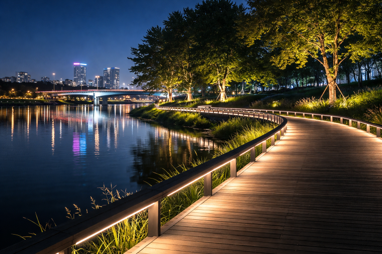 LED linear lighting illuminating riverwalk pathway in urban park landscape at night