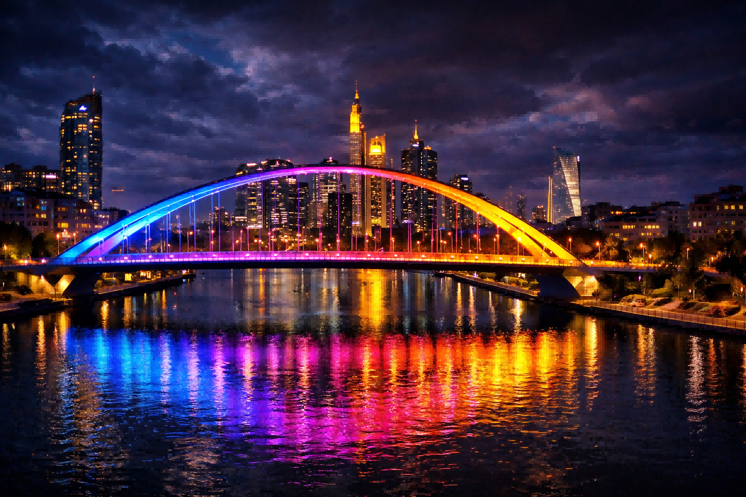 RGB LED bridge lighting reflecting on river in modern city skyline