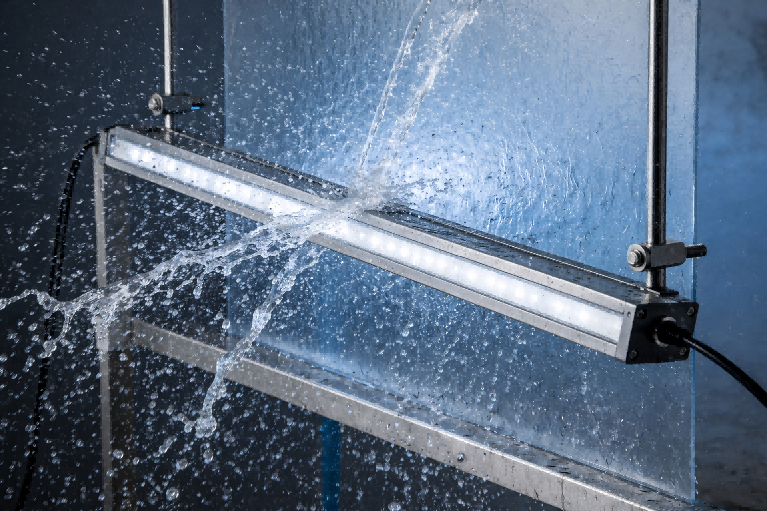 DMX512-controlled RGB linear lighting creating dynamic color effects on commercial building façade