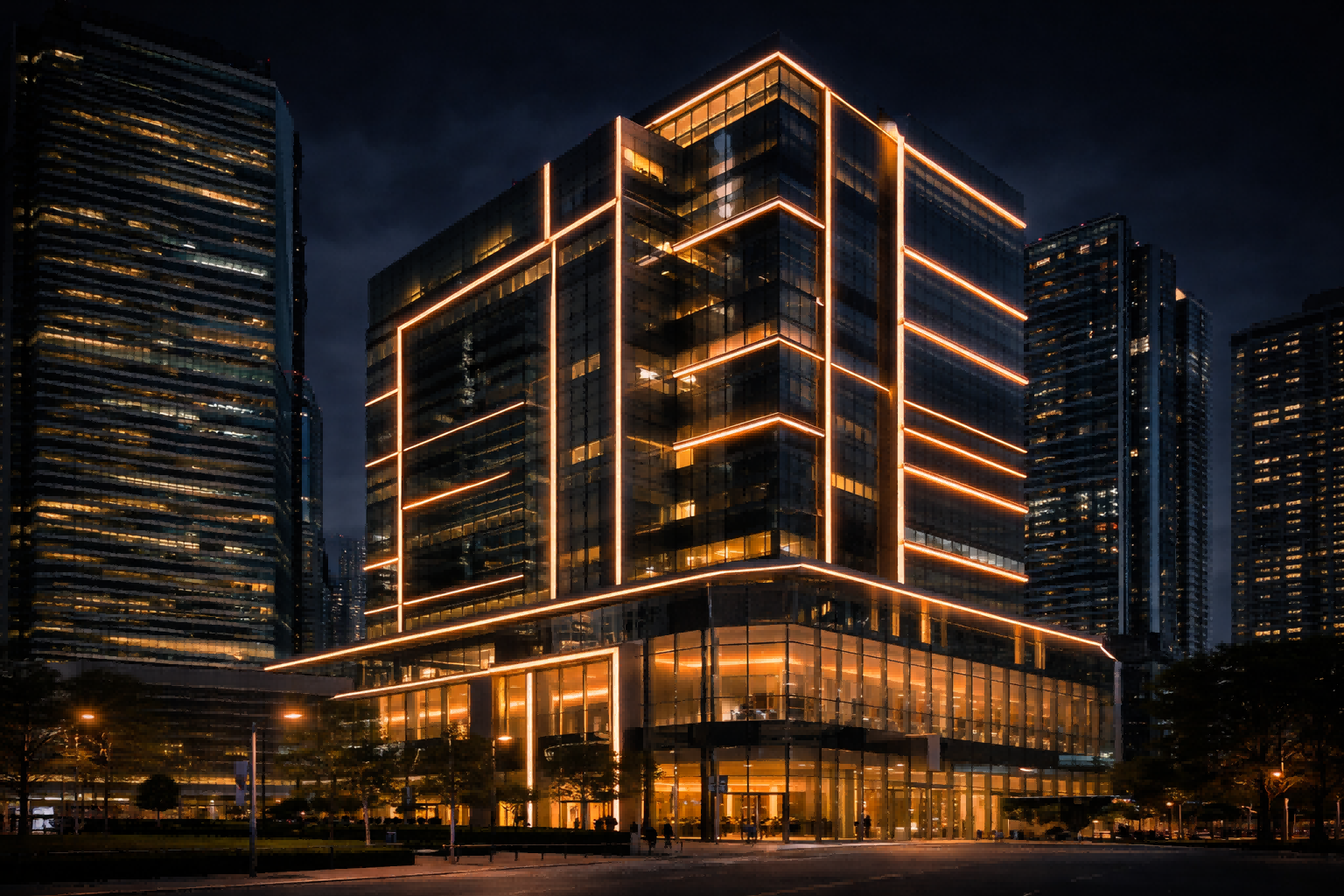 LED linear facade lighting outlining modern building with warm white illumination for architectural design