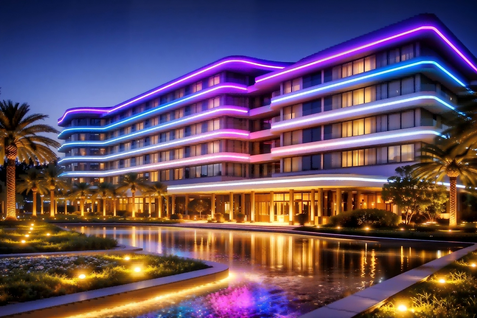 RGBW linear lighting on hotel facade with DMX512 control