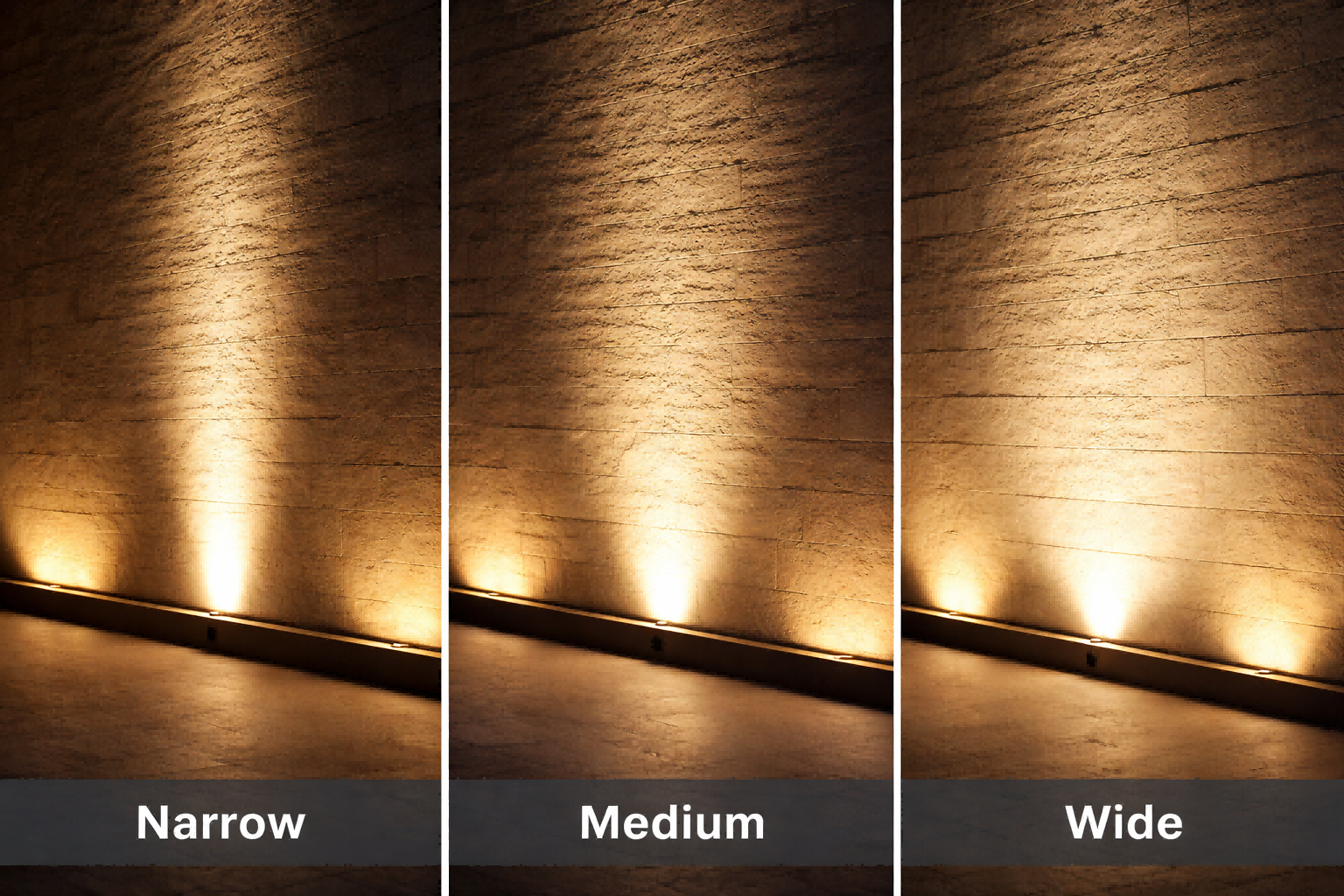 Linear LED light beam angle comparison narrow medium wide