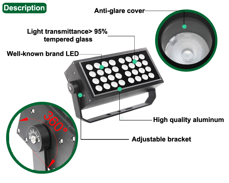 360° adjustable bracket, anti-glare cover, and high-transmittance tempered glass (>95%) of a waterproof outdoor LED flood light with high-quality aluminum housing