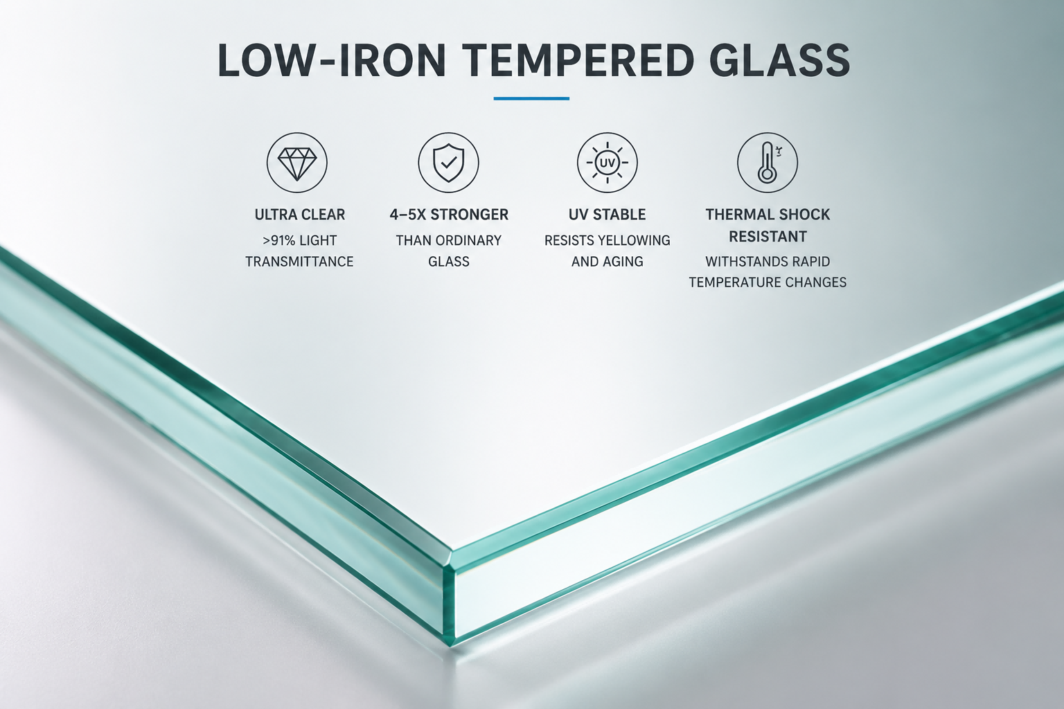Low-iron tempered glass for outdoor lighting fixtures